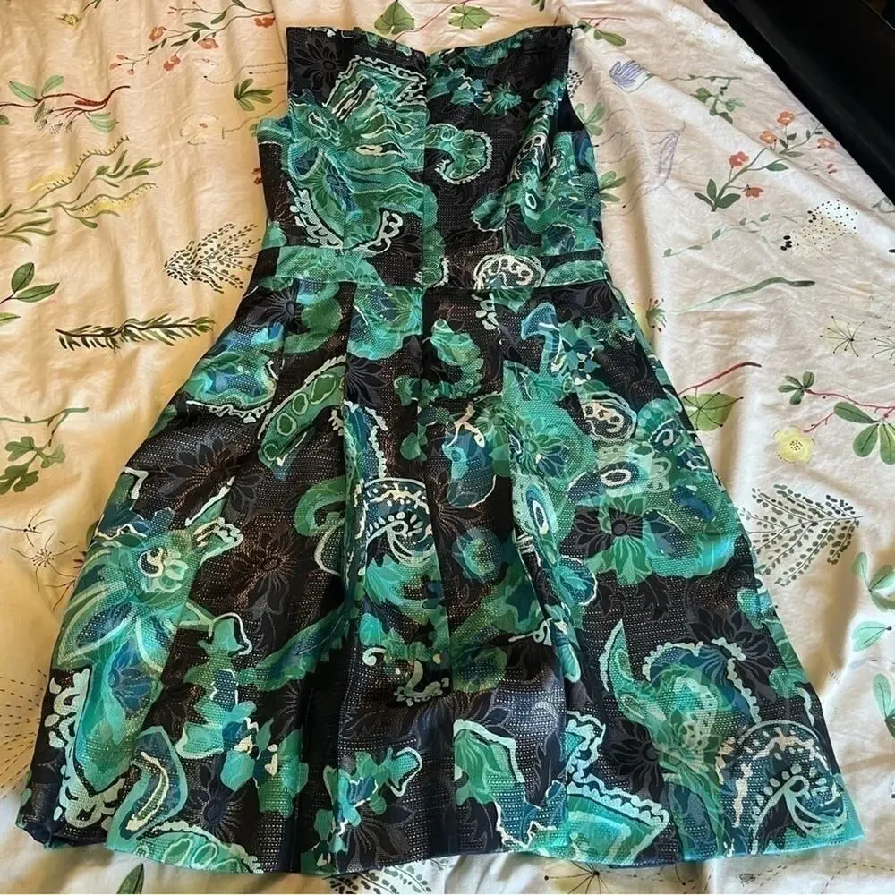 Tory Burch Silk Blend Sleeveless Fit & Flare Dress Green Blue Paisley Print